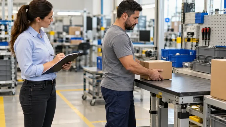 Observação ergonômica do manuseio de uma caixa em bancada