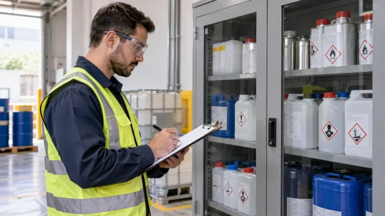Profissional consulta documentação de segurança junto a produtos químicos armazenados